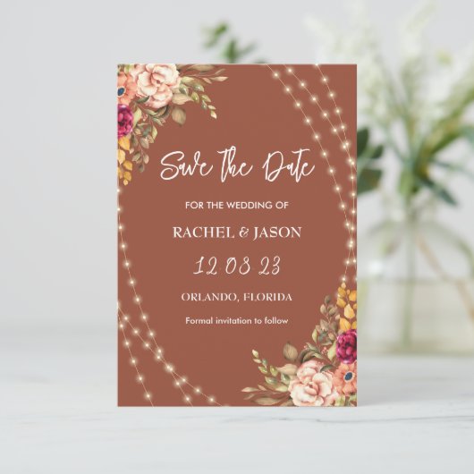 Rustieke Terracotta Bloemen Fairy String Lights Save The Date (Staand voorkant)