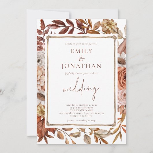 Rustieke terracotta bloemen grens QR code bruiloft Kaart (Voorkant)