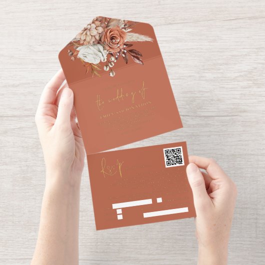 Rustieke Terracotta Bloemen Herfst Trouwen Folie All In One Uitnodiging (Uittrekbaar)