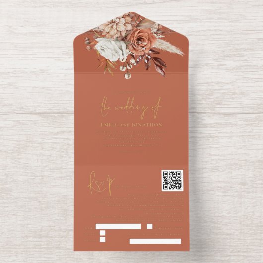 Rustieke Terracotta Bloemen Herfst Trouwen Folie All In One Uitnodiging (Binnenkant)