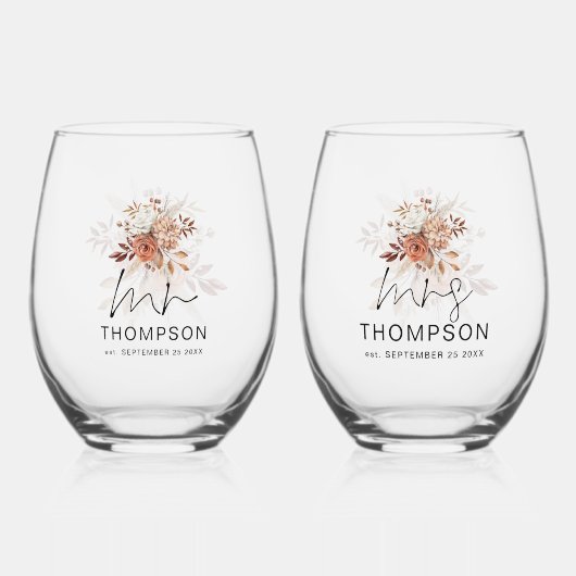 Rustieke terracotta bloemen Mr. Mrs. Naam Datum Br Wijnglas Zonder Voet (Voorkant)