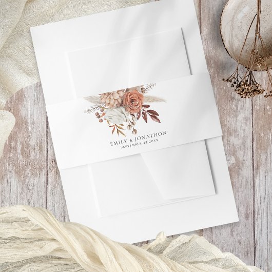 Rustieke Terracotta Bloemen Namen Datum Bruiloft Uitnodigingen Wikkel