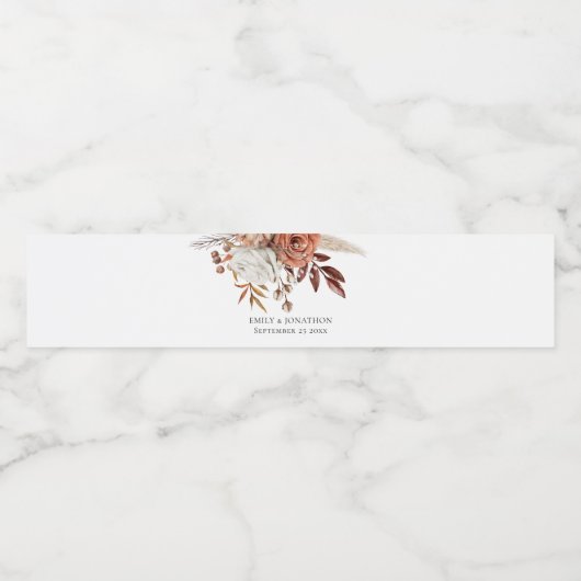 Rustieke Terracotta Bloemen Namen Datum Bruiloft Waterfles Etiket (Enkel label)