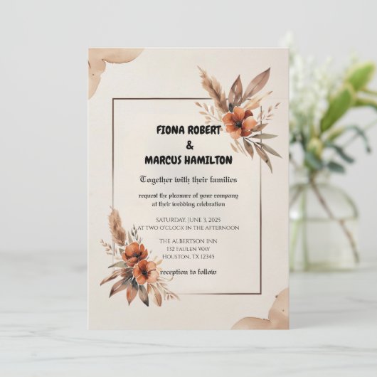 Rustieke Terracotta Bloemen & Pampas Grass Wedding Kaart (Staand voorkant)