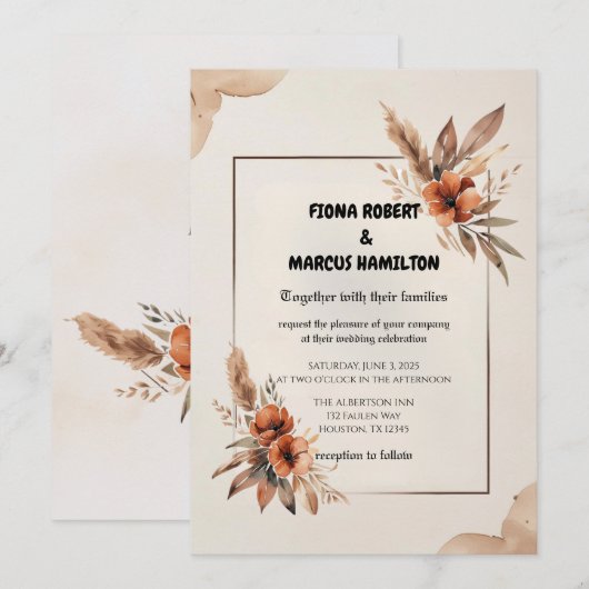 Rustieke Terracotta Bloemen & Pampas Grass Wedding Kaart (Voorkant / Achterkant)