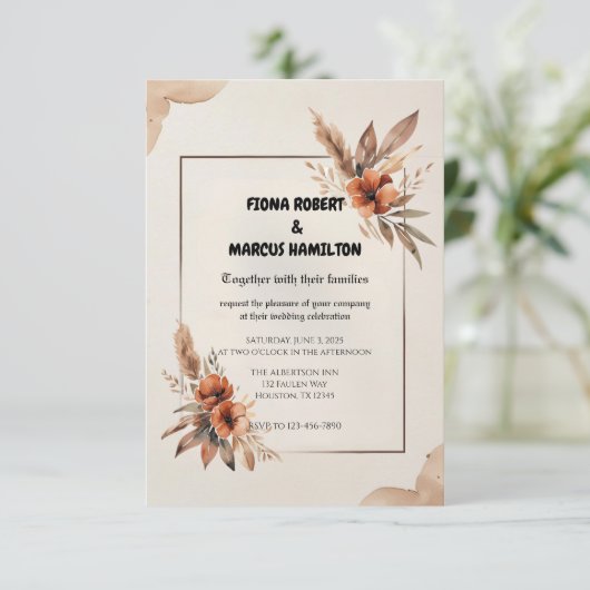 Rustieke Terracotta Bloemen & Pampas Grass Wedding RSVP Kaartje (Staand voorkant)