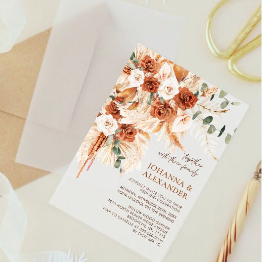Rustieke Terracotta Bloemen Pampas Huwelijk Acryl Uitnodigingen