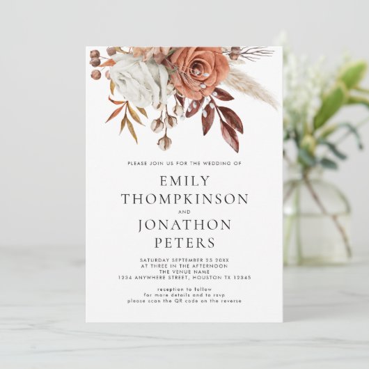 Rustieke Terracotta Bloemen QR Code Trouwen Kaart (Staand voorkant)