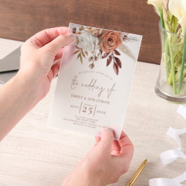 Rustieke Terracotta Bloemen Script Bruin Huwelijk Vellum Uitnodigingen