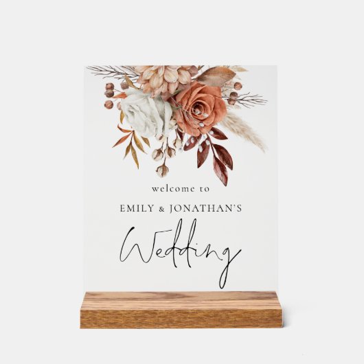 Rustieke terracotta bloemen welkom op bruiloft acryl bord (Voorkant)