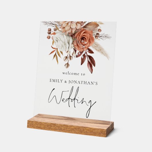 Rustieke terracotta bloemen welkom op bruiloft acryl bord (Hoek)