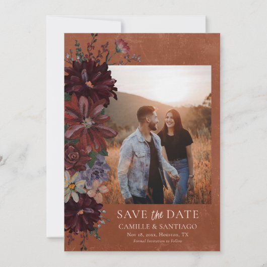 Rustieke Terracotta Bloemenfoto Save the Date Kaar (Voorkant)