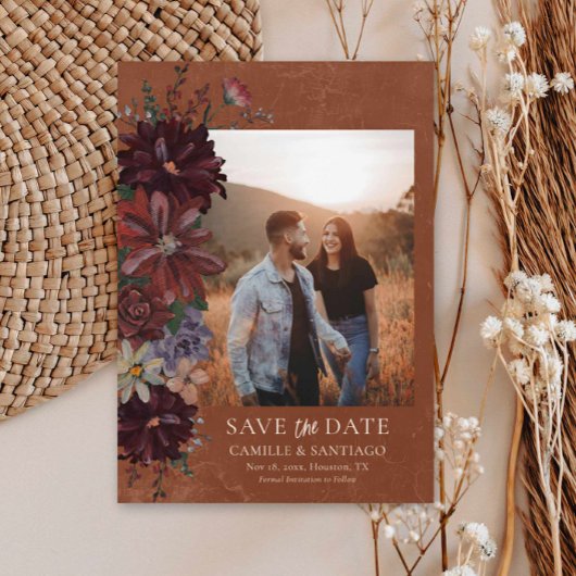 Rustieke Terracotta Bloemenfoto Save the Date Kaar