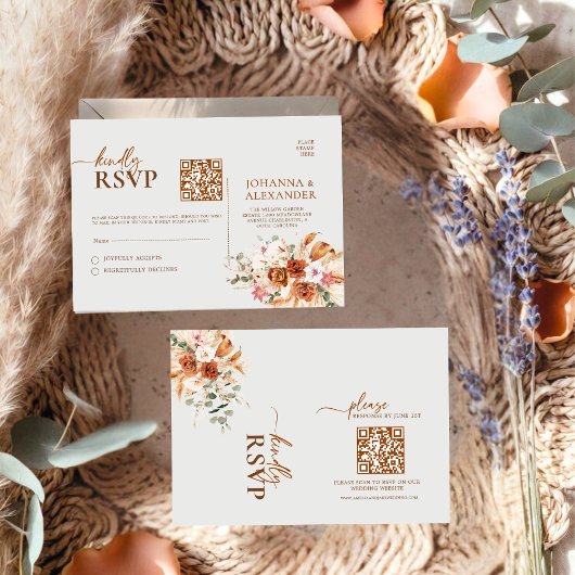 Rustieke Terracotta & Blush Bloemen QR Code RSVP K Kaartje