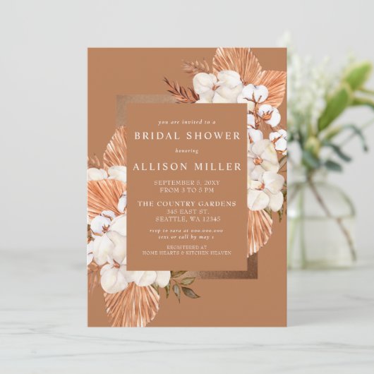 Rustieke Terracotta Boho Pampas Bruiloft Feest Kaart (Staand voorkant)