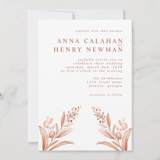 Rustieke Terracotta Botanische Bloemen Huwelijk Kaart (Voorkant)