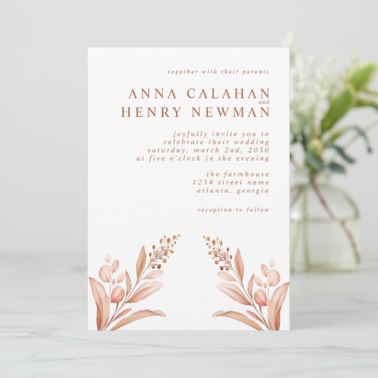 Rustieke Terracotta Botanische Bloemen Huwelijk Kaart (Staand voorkant)