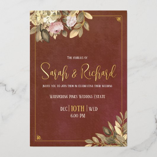 Rustieke Terracotta Botanische Boho Luxe Huwelijk Folie Uitnodiging (Voorkant)
