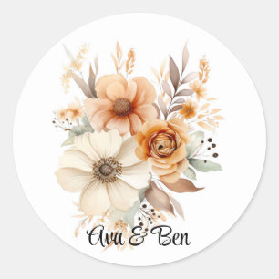 Rustieke Terracotta Crème Waterverf Bloemen Huweli Ronde Sticker