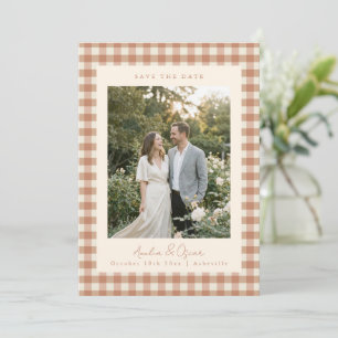 Rustieke Terracotta Gingham Plaid Foto Bruiloft Save The Date