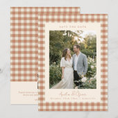 Rustieke Terracotta Gingham Plaid Foto Bruiloft Save The Date (Voorkant / Achterkant)