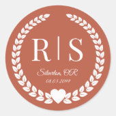 Rustieke Terracotta Gloed Bruiloft Monogram Beginl Ronde Sticker (Voorkant)