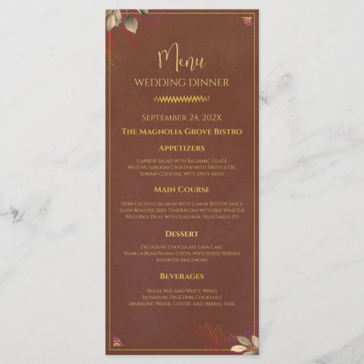 Rustieke Terracotta & Gouden Trouwdiner Menu (Voorkant)