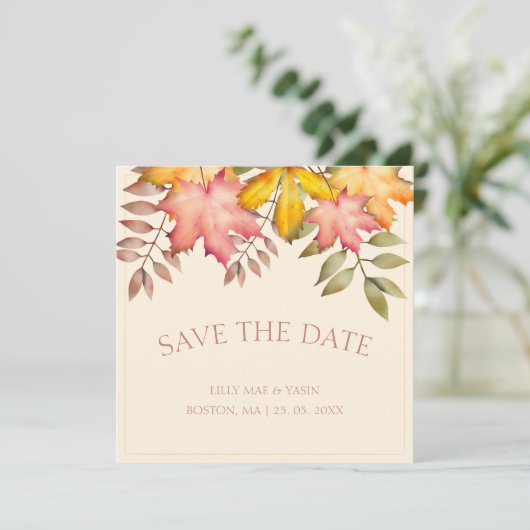 Rustieke Terracotta Herfst Bladeren Bruiloft Save The Date (Staand voorkant)