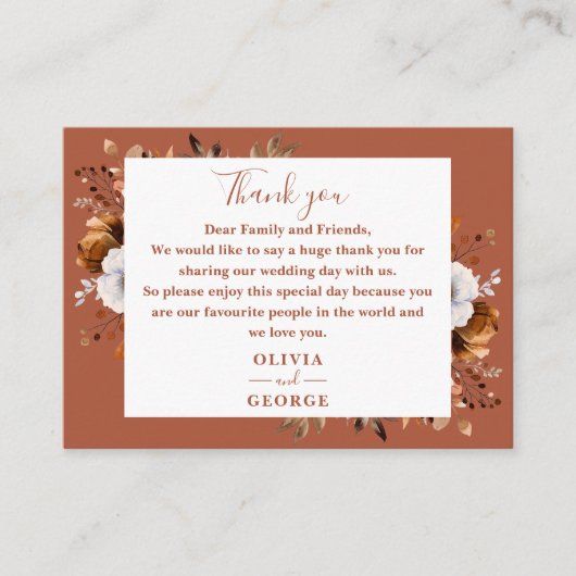 Rustieke Terracotta Herfst Bloemen bruiloft Dank u Plaatskaartje (Voorkant)