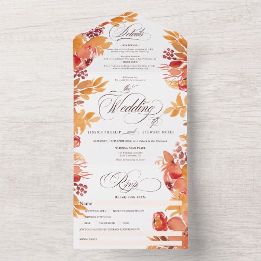 Rustieke terracotta herfst bloemenkalligrafie brui all in one uitnodiging (Binnen)