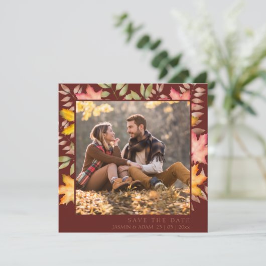 Rustieke terracotta herfst herfst bladeren foto br save the date (Staand voorkant)
