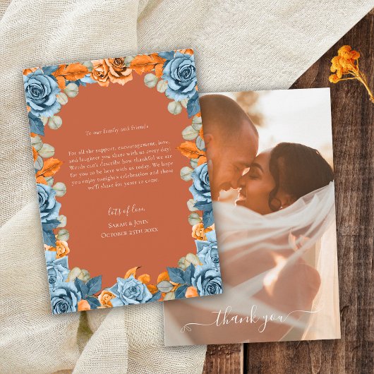 Rustieke terracotta marine blauw en roest bruiloft bedankkaart