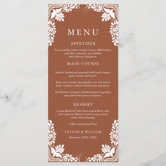 Rustieke Terracotta Mexicaanse bruiloft Menu (Voorkant)