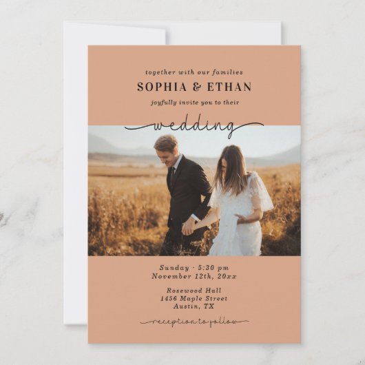 Rustieke Terracotta Modern Script Foto bruiloft Kaart (Voorkant)