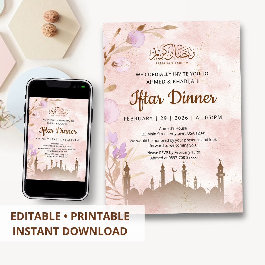 Rustieke Terracotta Moskee en Bloemrijke Iftar-din Kaart