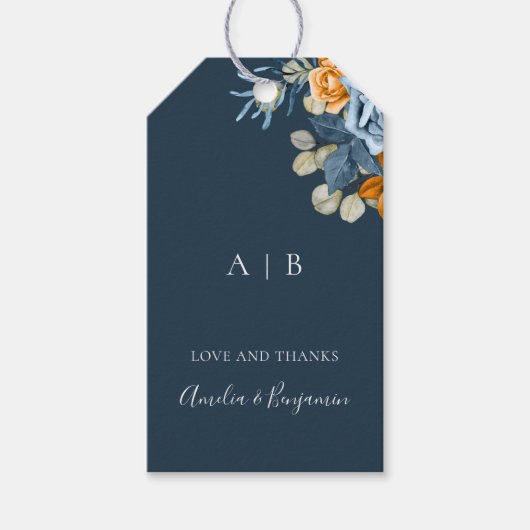 Rustieke Terracotta Navyblauw Roest Bruidspaar Bed Cadeaulabel (Voorkant)