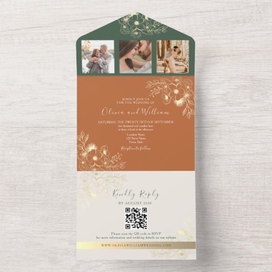 Rustieke Terracotta Olijfgroen Fall Wedding All In One Uitnodiging (Binnen)