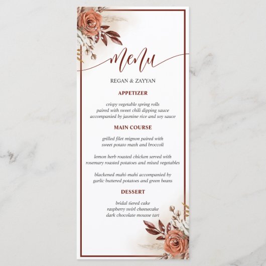 Rustieke terracotta pampas gras bloemenbruiloft me menu (Voorkant)