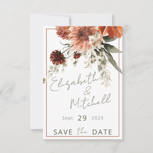 Rustieke Terracotta Rust Bloemen Bruiloft Save The Date (Voorkant)