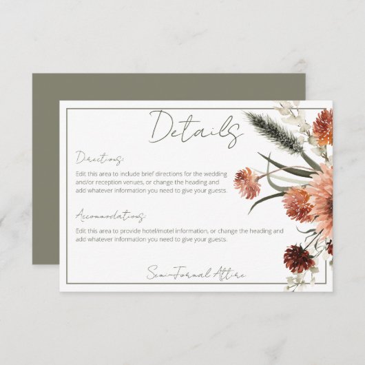 Rustieke Terracotta Rust Bloemen Details Informatiekaartje (Voorkant / Achterkant)