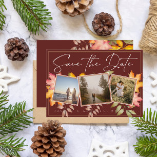 Rustieke terracotta val laat drie foto bruiloft save the date