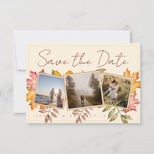 Rustieke terracotta val laat drie foto bruiloft save the date (Voorkant)