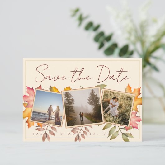 Rustieke terracotta val laat drie foto bruiloft save the date (Staand voorkant)