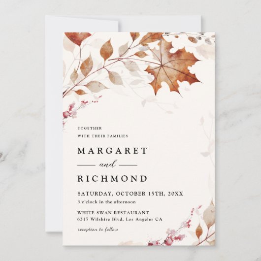 Rustieke Terracotta verlaat Waterverf Fall Wedding Kaart (Voorkant)