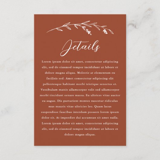 Rustieke Terracotta Wildflower bruiloft details Ka Informatiekaartje (Voorkant)