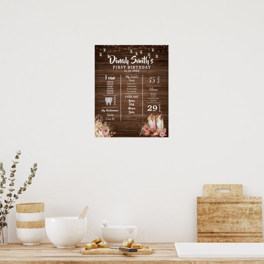 Rustieke Texas Boots Cowgirl 1e Verjaardag Milesto Poster (Keuken)