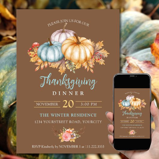 Rustieke Thanksgiving bloemenpompoenen bruin blauw Kaart