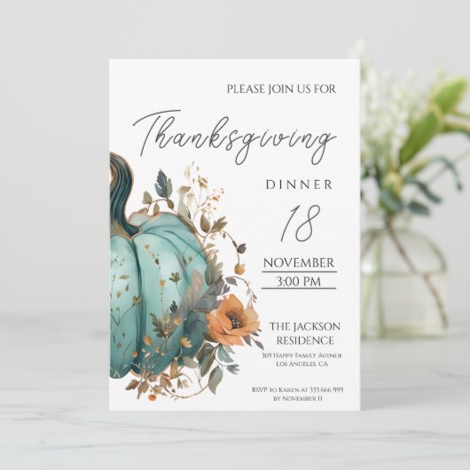Rustieke Thanksgiving Diner Blauw Pompoen Invitati Save The Date (Staand voorkant)