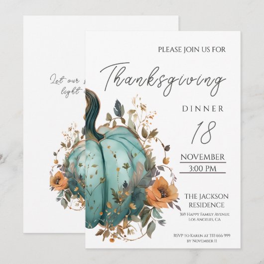 Rustieke Thanksgiving Diner Blauw Pompoen Invitati Save The Date (Voorkant / Achterkant)