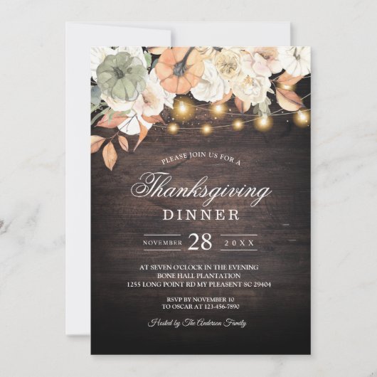 Rustieke Thanksgiving Diner | Bloemen & String Lic Kaart (Voorkant)
